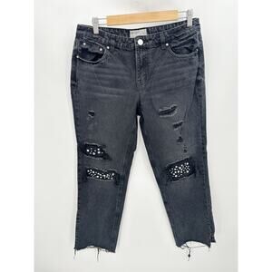Banjara Womens Black Loose Fit Denim Jeans Jewel Distressed Raw‎ Hem Size 11/29